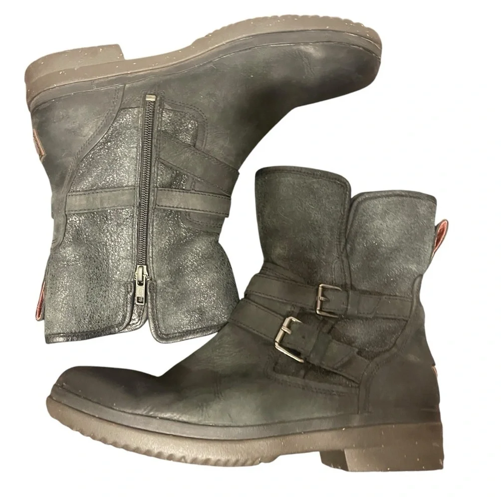UGG Simmens Brushed Leather Lined Buckle‎ Boots in Black Women's 10
